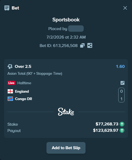 Bet slip: England - Congo DR, $77,346.00 stake at 1.60 odds, placed by whimpZLA