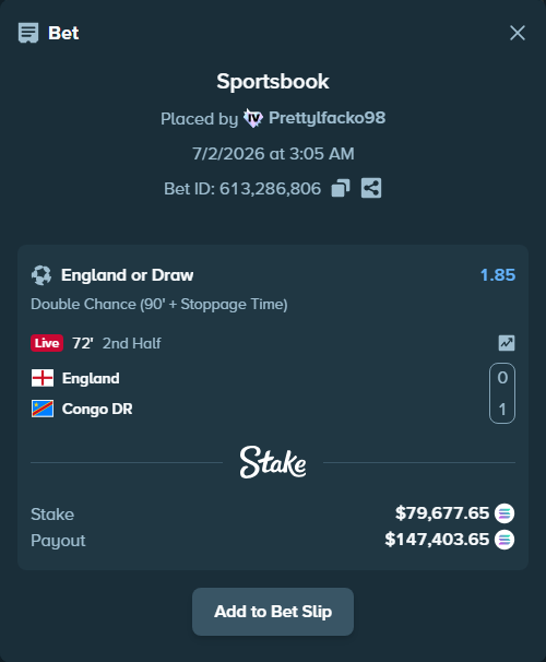 Bet slip: England - Congo DR, $84,502.65 stake at 1.85 odds, placed by Prettylfacko98