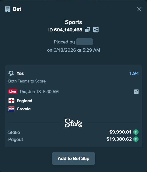 Bet slip: England - Croatia, $10,000.00 stake at 1.94 odds, placed by ashaark
