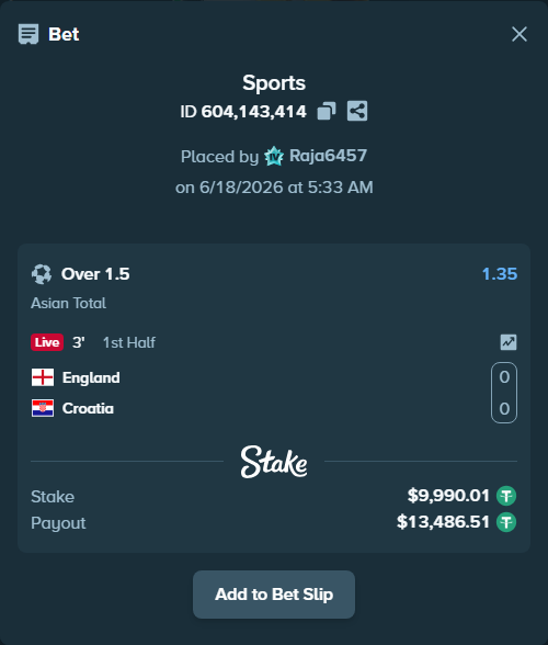 Bet slip: England - Croatia, $10,000.00 stake at 1.35 odds, placed by Raja6457