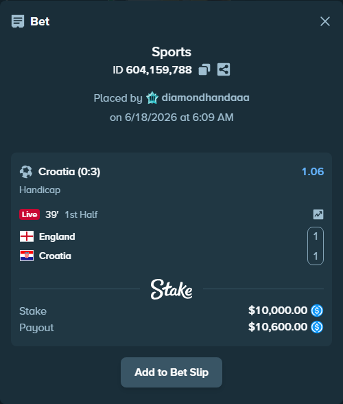 Bet slip: England - Croatia, $10,000.00 stake at 1.06 odds, placed by diamondhandaaa
