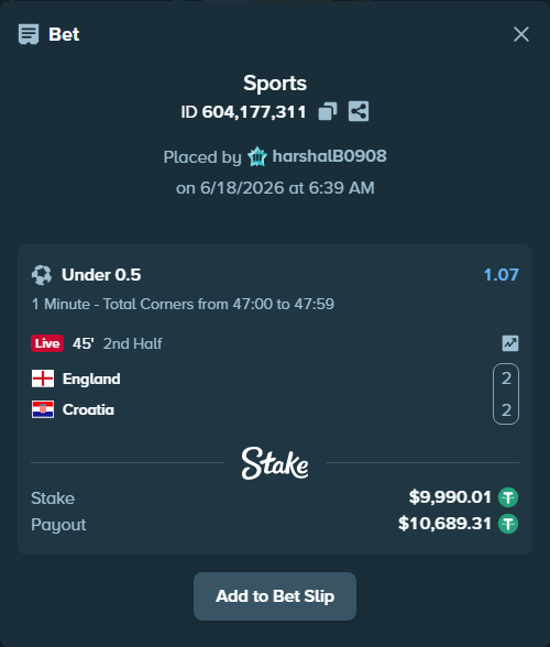 Bet slip: England - Croatia, $10,000.00 stake at 1.07 odds, placed by harshalB0908