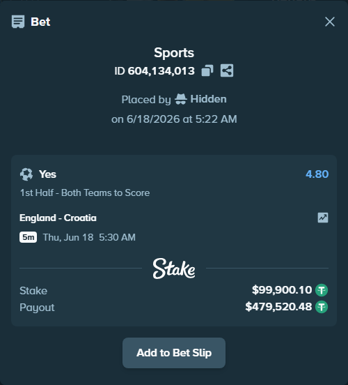 Bet slip: England - Croatia, $100,000.00 stake at 4.80 odds, placed by Hidden