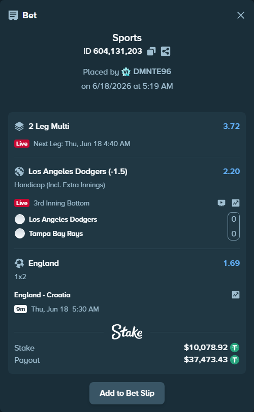 Bet slip: England - Croatia, $10,089.00 stake at 1.69 odds, placed by DMNTE96
