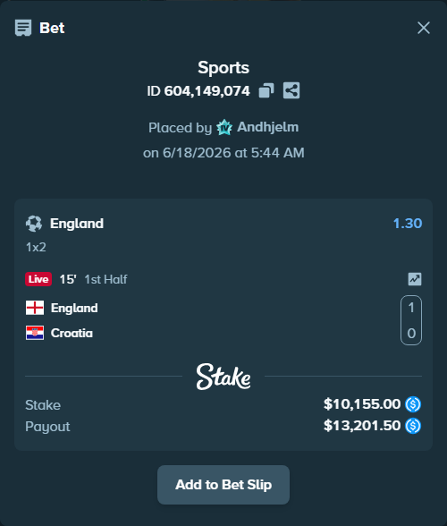 Bet slip: England - Croatia, $10,155.00 stake at 1.30 odds, placed by Andhjelm