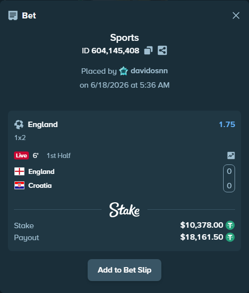 Bet slip: England - Croatia, $10,388.38 stake at 1.75 odds, placed by davidosnn
