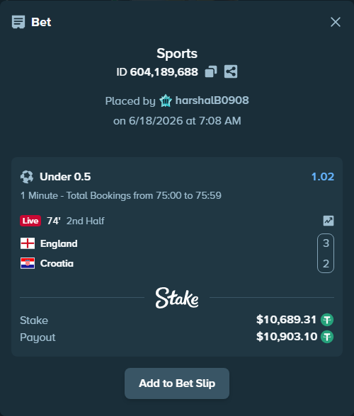Bet slip: England - Croatia, $10,700.00 stake at 1.02 odds, placed by harshalB0908