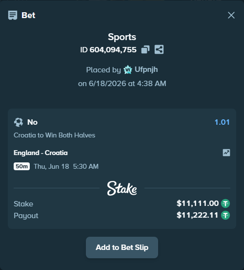 Bet slip: England - Croatia, $11,122.11 stake at 1.01 odds, placed by Ufpnjh