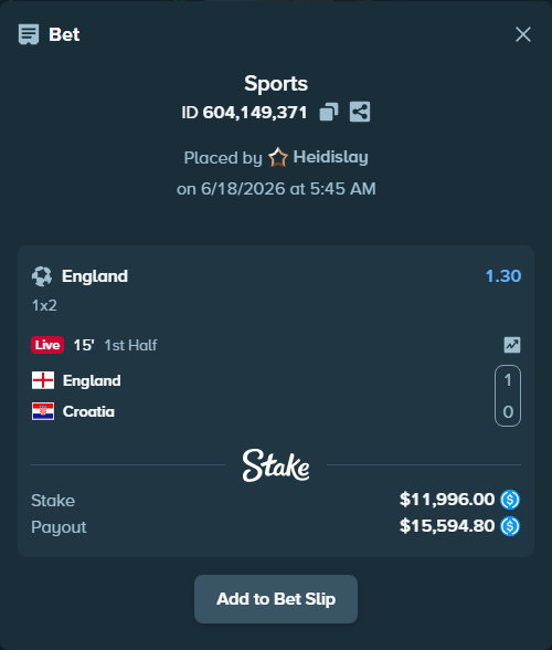 Bet slip: England - Croatia, $11,996.00 stake at 1.30 odds, placed by Heidislay