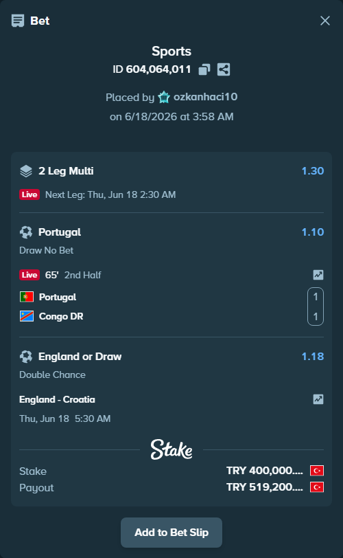 Bet slip: England - Croatia, $12,000.00 stake at 1.18 odds, placed by ozkanhaci10