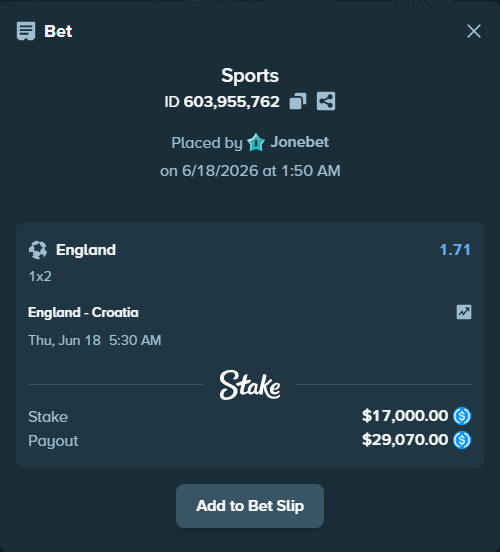 Bet slip: England - Croatia, $17,000.00 stake at 1.71 odds, placed by Jonebet