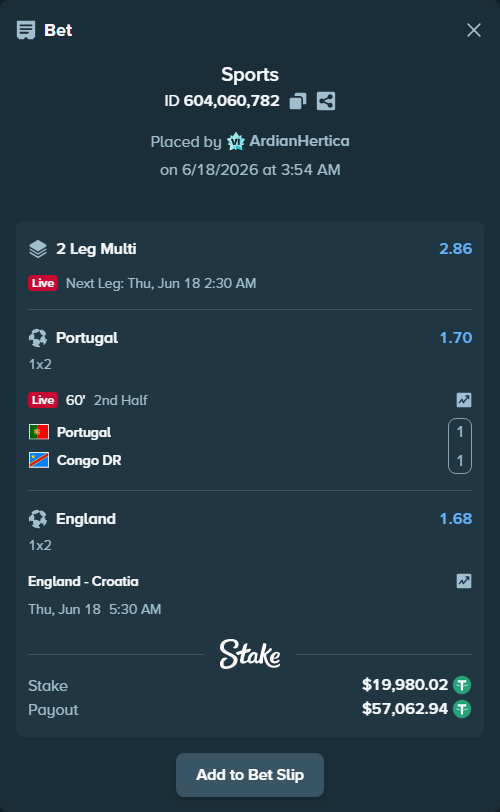 Bet slip: England - Croatia, $20,000.00 stake at 1.68 odds, placed by ArdianHertica
