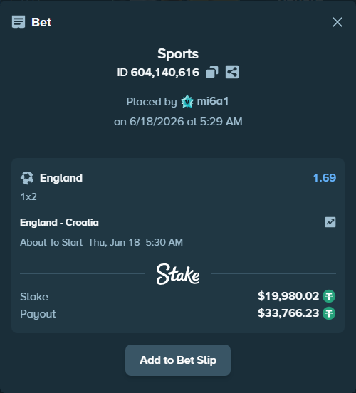Bet slip: England - Croatia, $20,000.00 stake at 1.69 odds, placed by mi6a1