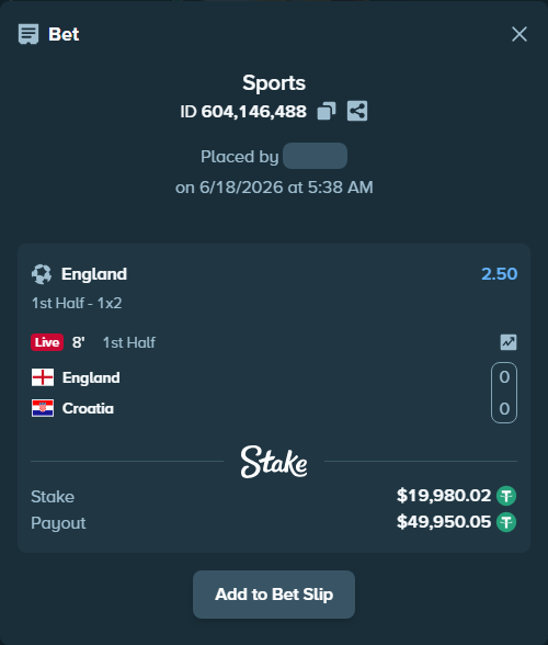 Bet slip: England - Croatia, $20,000.00 stake at 2.50 odds, placed by ArdianHertica