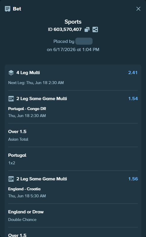 Bet slip: England - Croatia, $21,449.97 stake at 1.20 odds, placed by Bigfoltz