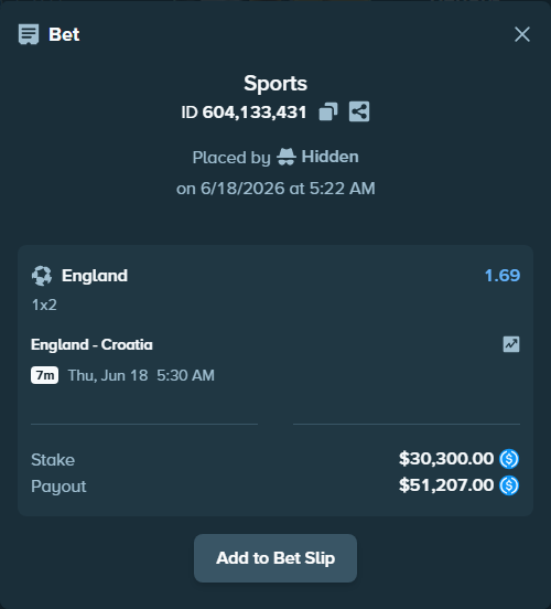 Bet slip: England - Croatia, $30,300.00 stake at 1.69 odds, placed by MaryamRich
