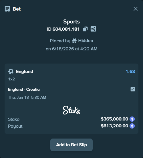 Bet slip: England - Croatia, $325,707.53 stake at 1.68 odds, placed by Hidden