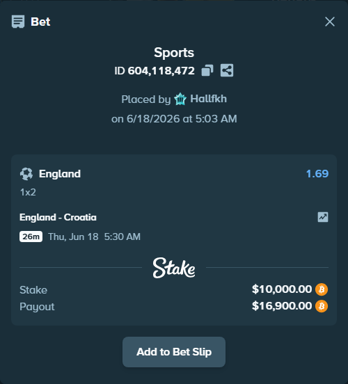 Bet slip: England - Croatia, $9,893.03 stake at 1.69 odds, placed by Hallfkh