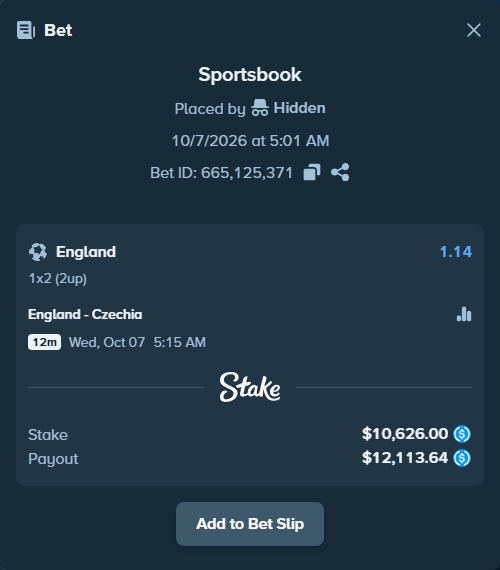 Bet slip: England - Czechia, $10,626.00 stake at 1.14 odds, placed by Hidden