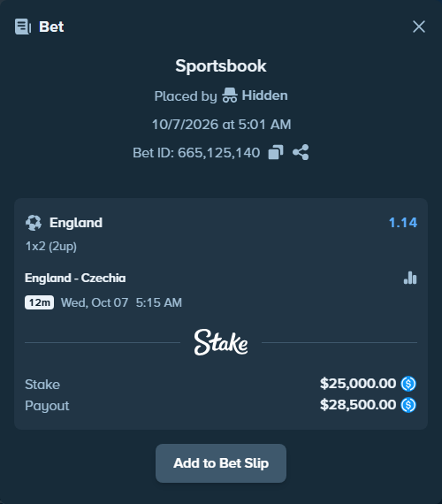 Bet slip: England - Czechia, $25,000.00 stake at 1.14 odds, placed by Rubino208