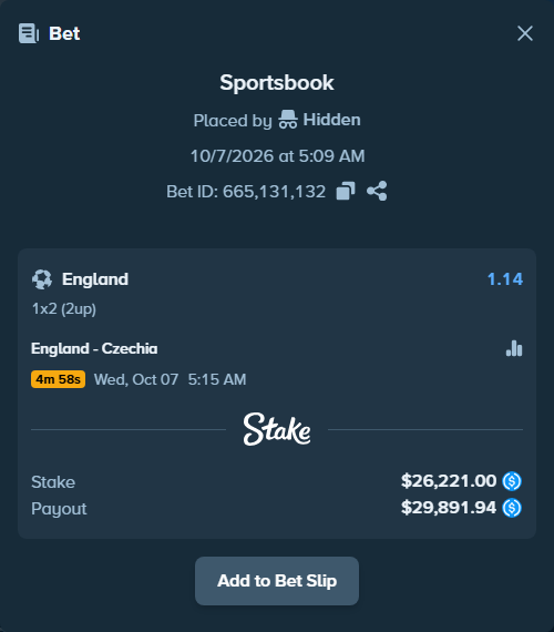 Bet slip: England - Czechia, $26,221.00 stake at 1.14 odds, placed by Andreasteig