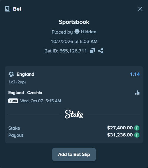 Bet slip: England - Czechia, $27,400.00 stake at 1.14 odds, placed by bwullf75