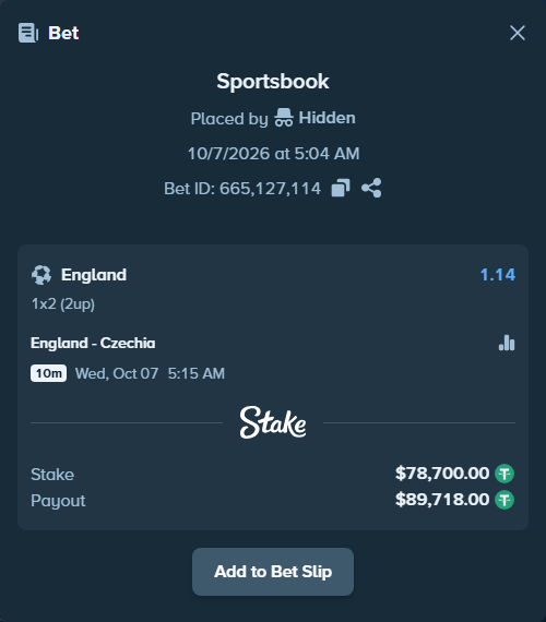 Bet slip: England - Czechia, $78,700.00 stake at 1.14 odds, placed by Oen1