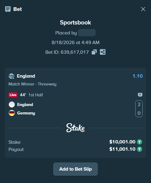 Bet slip: England - Germany, $10,011.00 stake at 1.10 odds, placed by BatyrM