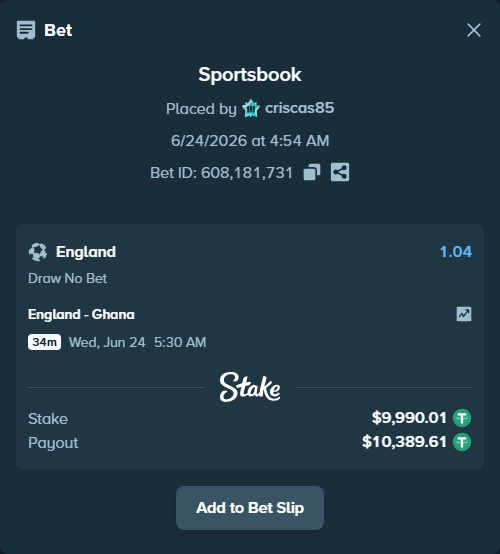Bet slip: England - Ghana, $10,000.00 stake at 1.04 odds, placed by criscas85