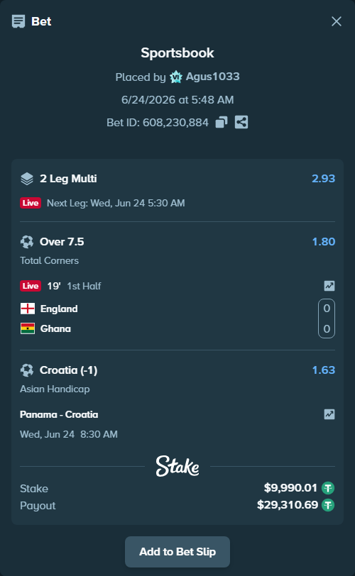 Bet slip: England - Ghana, $10,000.00 stake at 1.80 odds, placed by Agus1033