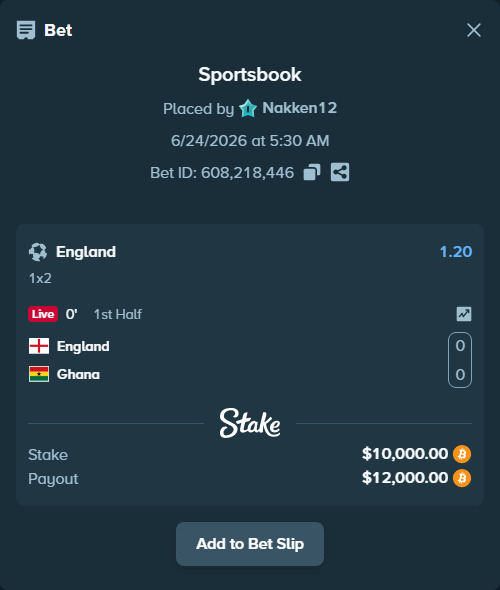 Bet slip: England - Ghana, $10,336.87 stake at 1.20 odds, placed by Nakken12