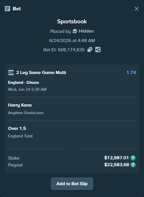 Bet slip: England - Ghana, $13,000.00 stake at 1.53 odds, placed by DMNTE96