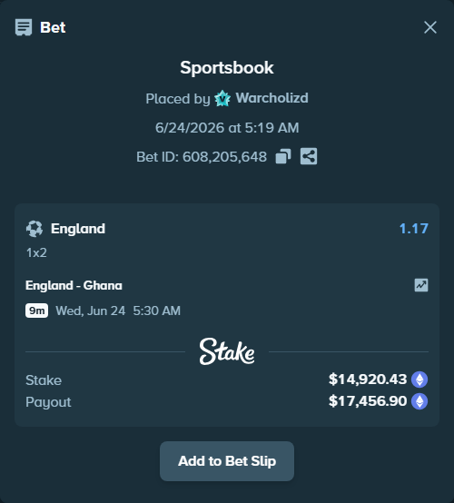 Bet slip: England - Ghana, $14,242.32 stake at 1.17 odds, placed by Warcholizd