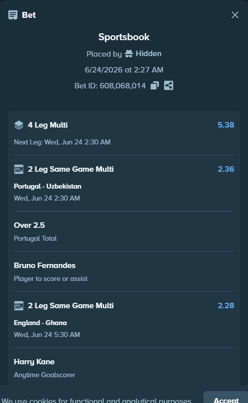 Bet slip: England - Ghana, $15,000.00 stake at 1.56 odds, placed by Cabrzy