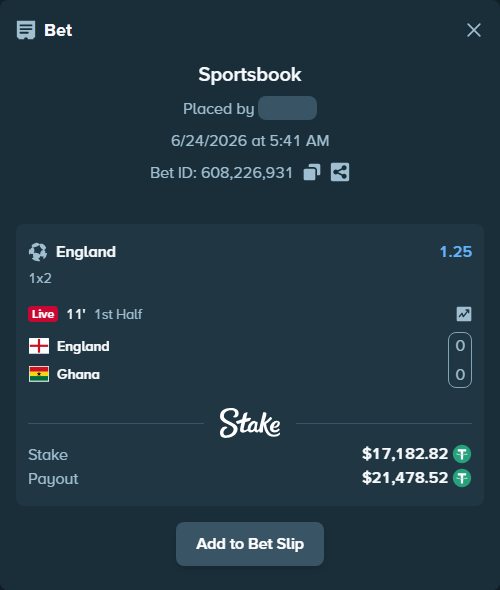 Bet slip: England - Ghana, $17,200.00 stake at 1.25 odds, placed by Audunsiv3