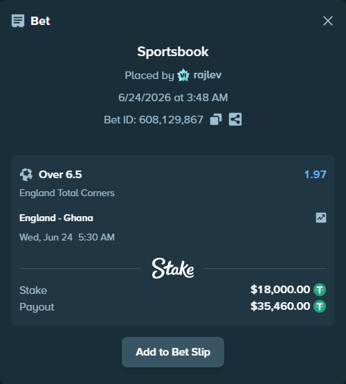 Bet slip: England - Ghana, $18,018.00 stake at 1.97 odds, placed by rajlev