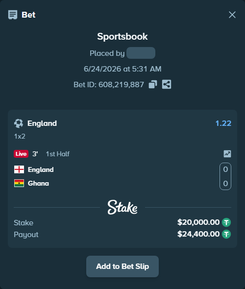 Bet slip: England - Ghana, $20,020.00 stake at 1.22 odds, placed by Håvardlied2004