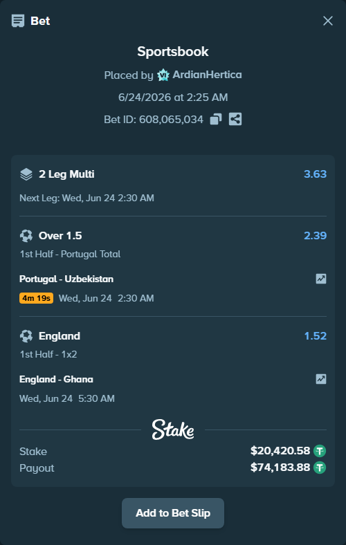 Bet slip: England - Ghana, $20,441.00 stake at 1.52 odds, placed by ArdianHertica