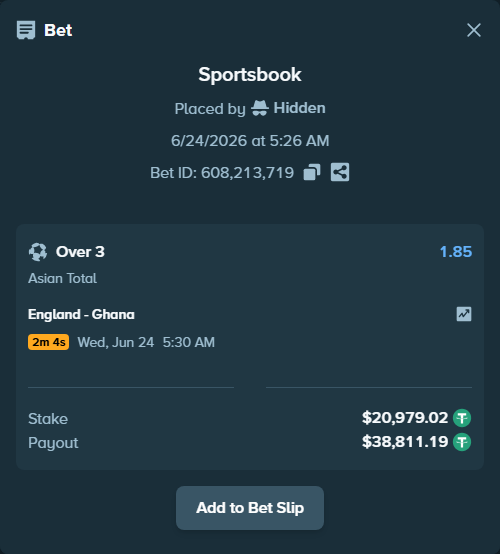 Bet slip: England - Ghana, $21,000.00 stake at 1.85 odds, placed by Dekourouba13