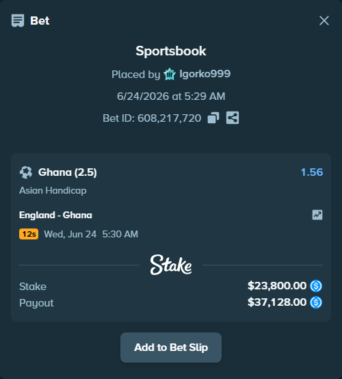 Bet slip: England - Ghana, $23,800.00 stake at 1.56 odds, placed by Igorko999