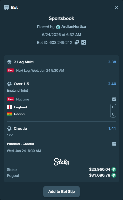 Bet slip: England - Ghana, $23,984.00 stake at 2.40 odds, placed by ArdianHertica