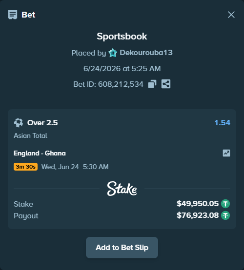 Bet slip: England - Ghana, $50,000.00 stake at 1.54 odds, placed by Dekourouba13