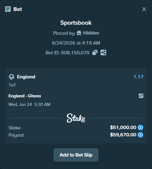 Bet slip: England - Ghana, $51,000.00 stake at 1.17 odds, placed by irfanBB