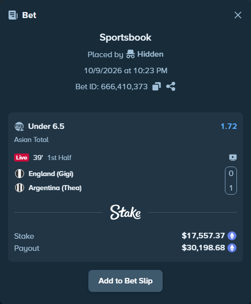 Bet slip: England (Gigi) - Argentina (Thea), $17,564.72 stake at 1.72 odds, placed by Hidden