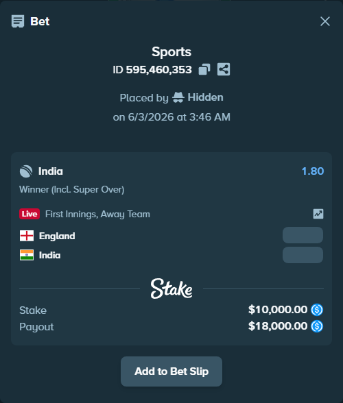 Bet slip: England - India, $10,000.00 stake at 1.80 odds, placed by Hidden