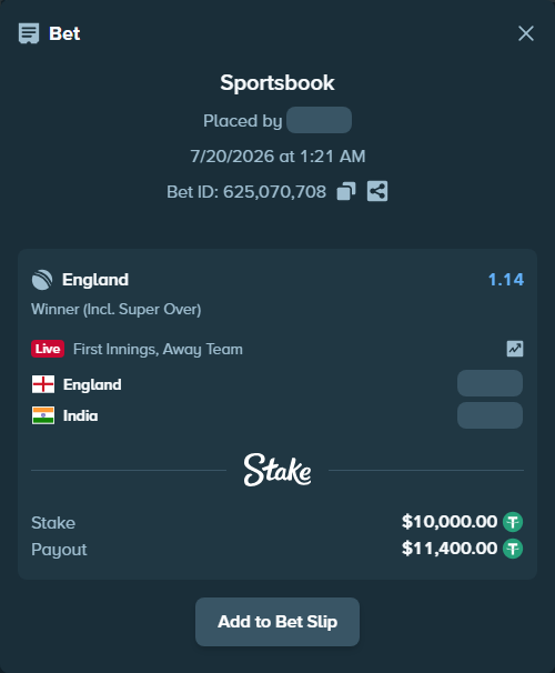 Bet slip: England - India, $10,000.00 stake at 1.14 odds, placed by Raja6457