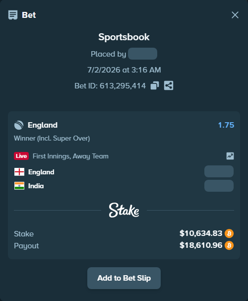 Bet slip: England - India, $11,129.56 stake at 1.75 odds, placed by sunilreddy517