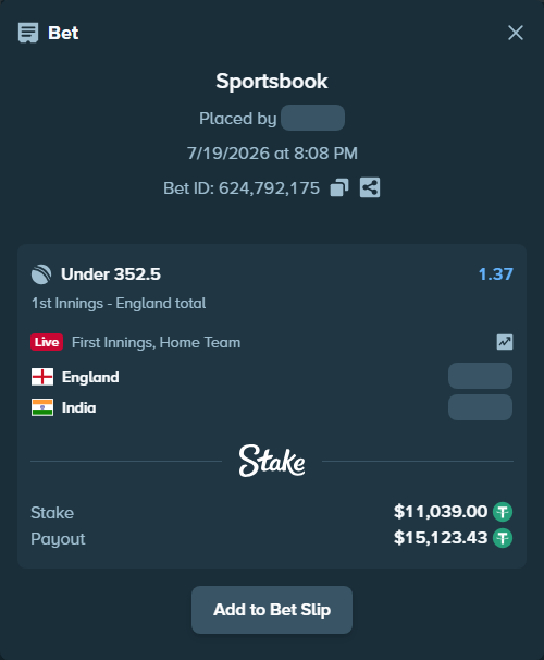 Bet slip: England - India, $11,039.00 stake at 1.37 odds, placed by Manishwalia100