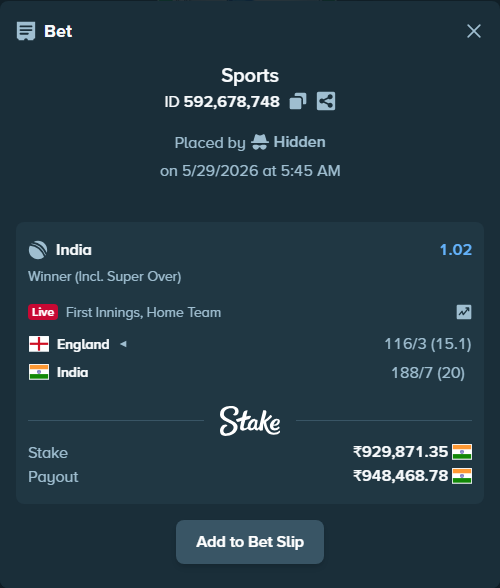Bet slip: England - India, $11,158.46 stake at 1.02 odds, placed by Hidden