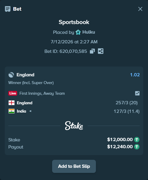 Bet slip: England - India, $12,012.00 stake at 1.02 odds, placed by Hulku